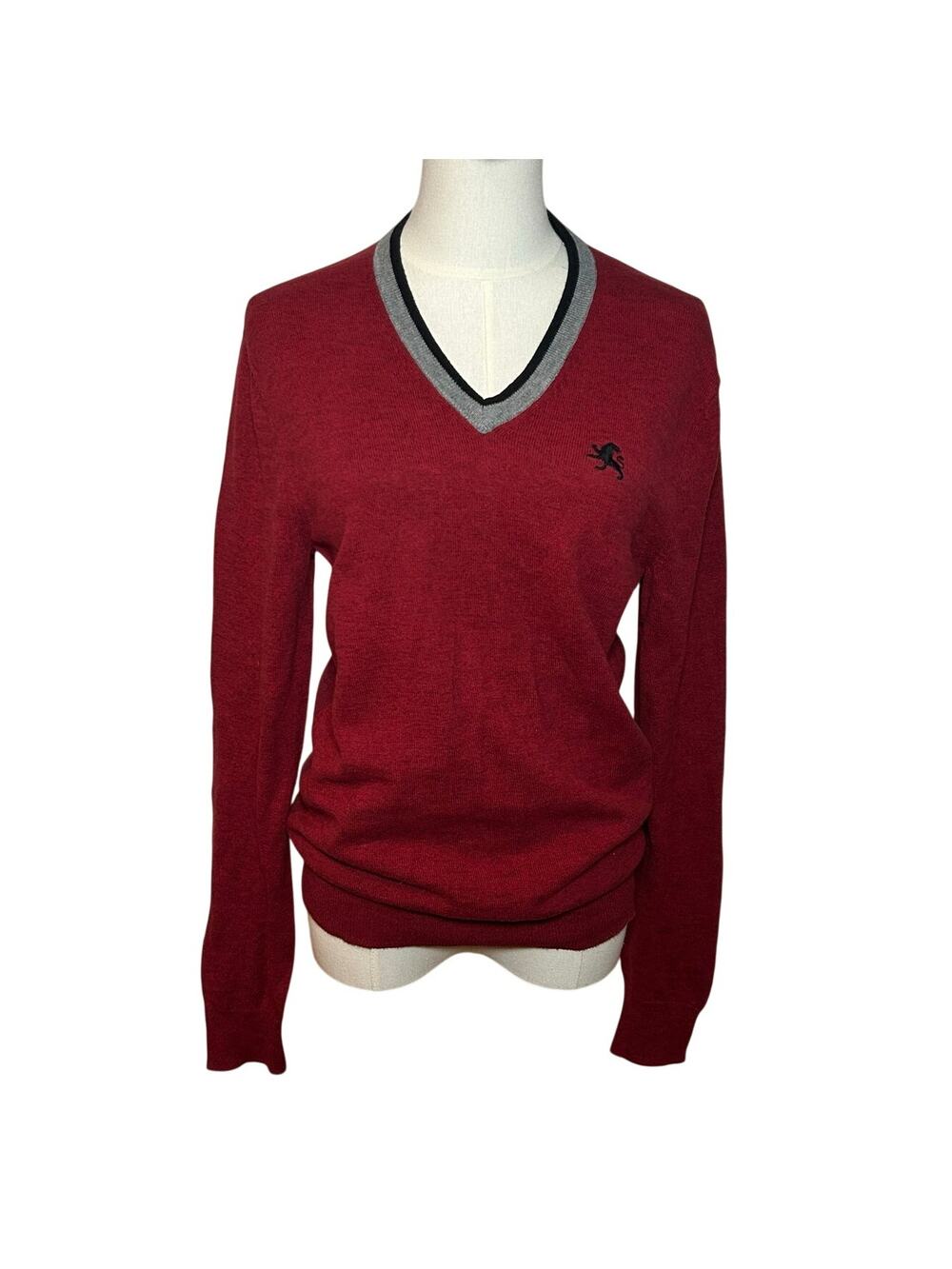 Express Red Gray Trim 100% Cotton Knit V-Neck Sweater PS Y2K Preppy Retro Petite